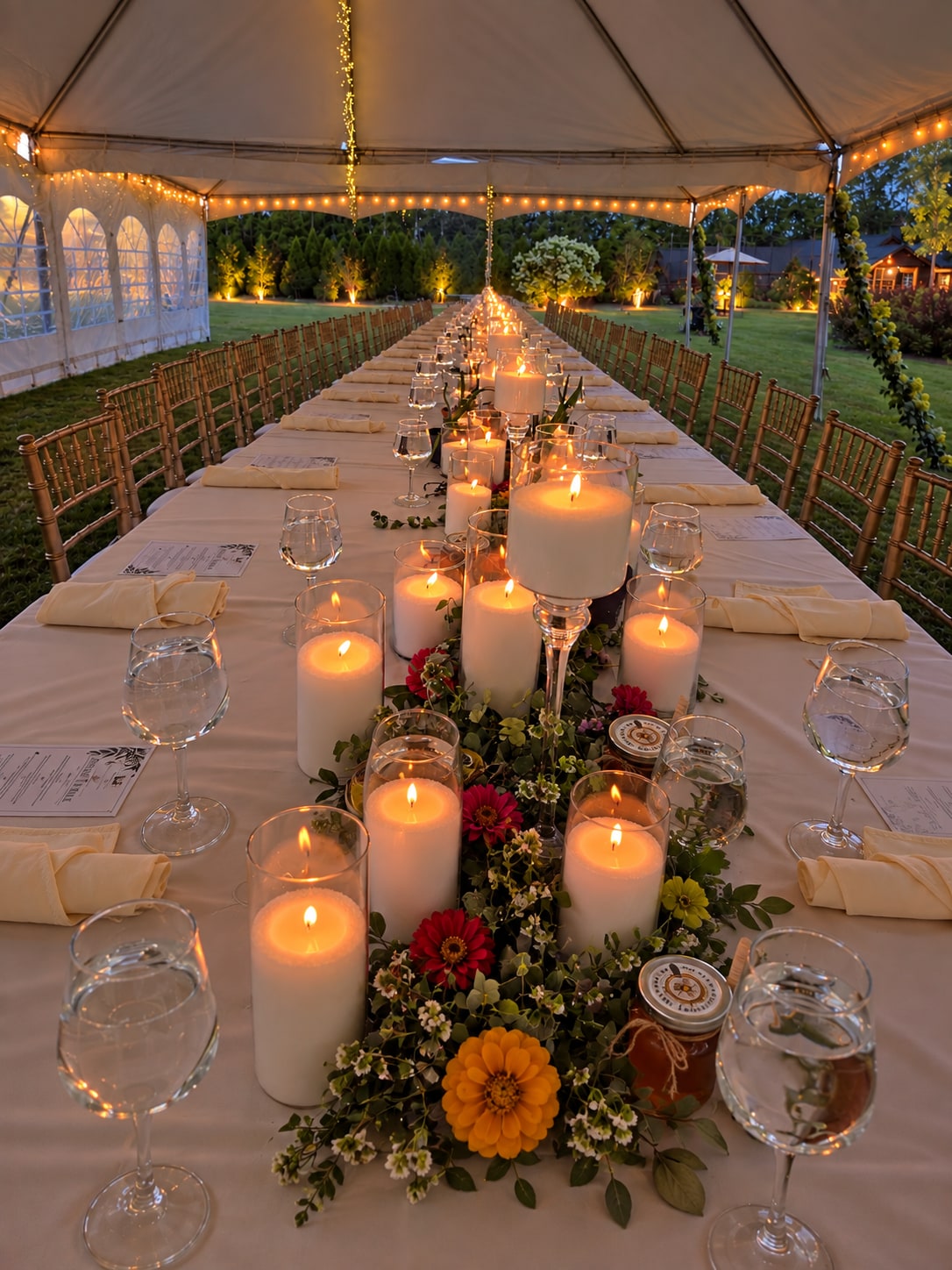 Layered candlelight along a long dining table at a garden celebration