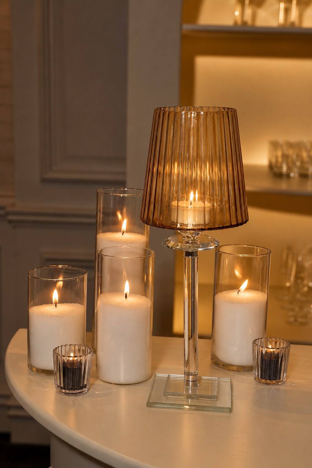 Candlelit bar styling with glowing lamps and glass candlelight