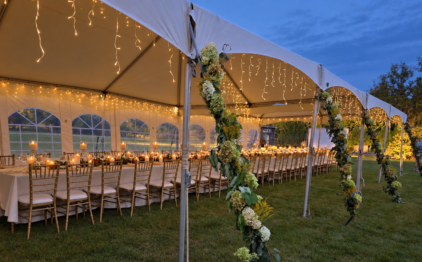Candlelit tent installation at dusk