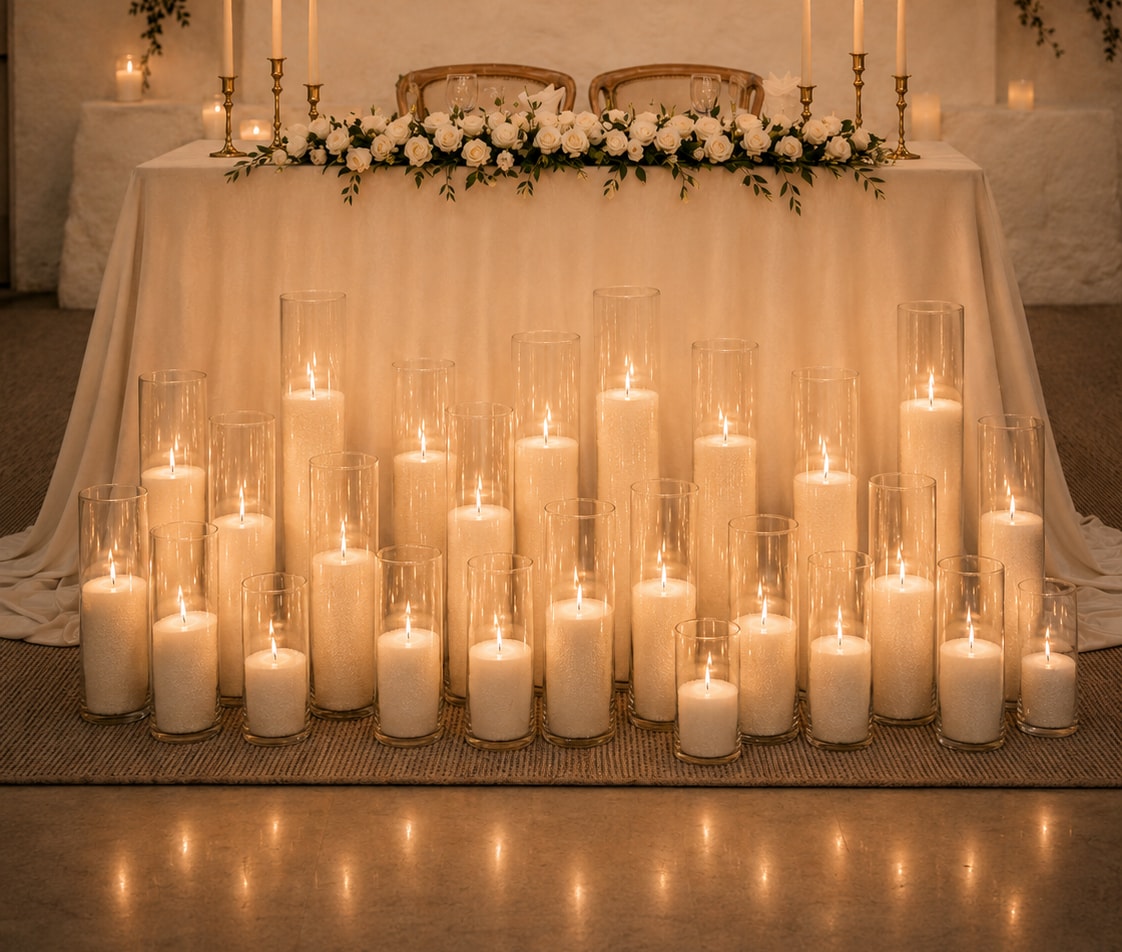 Candlelight layered around a sweetheart table in a warm reception setting