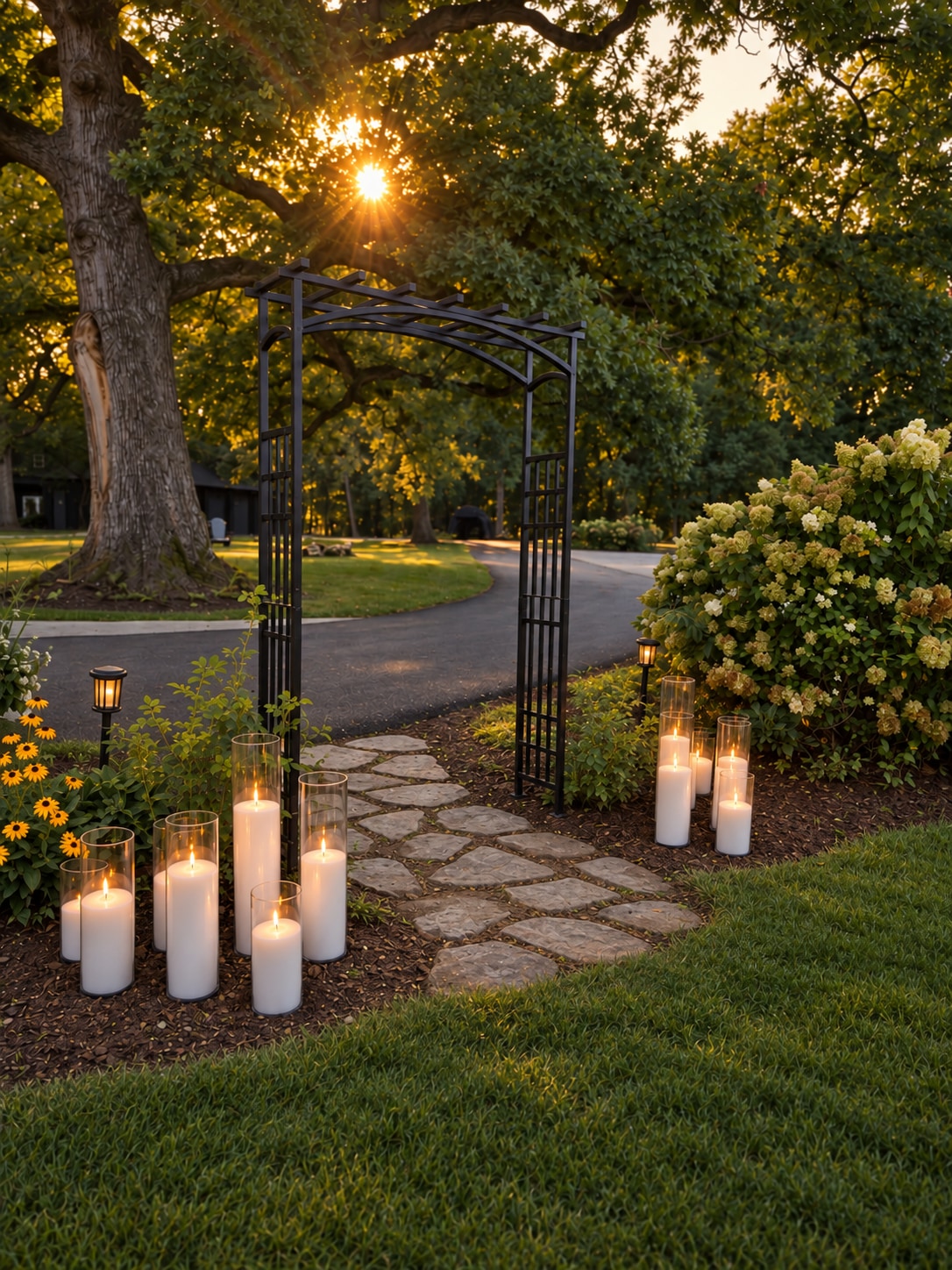 Garden entryway framed by layered glass cylinder candlelight