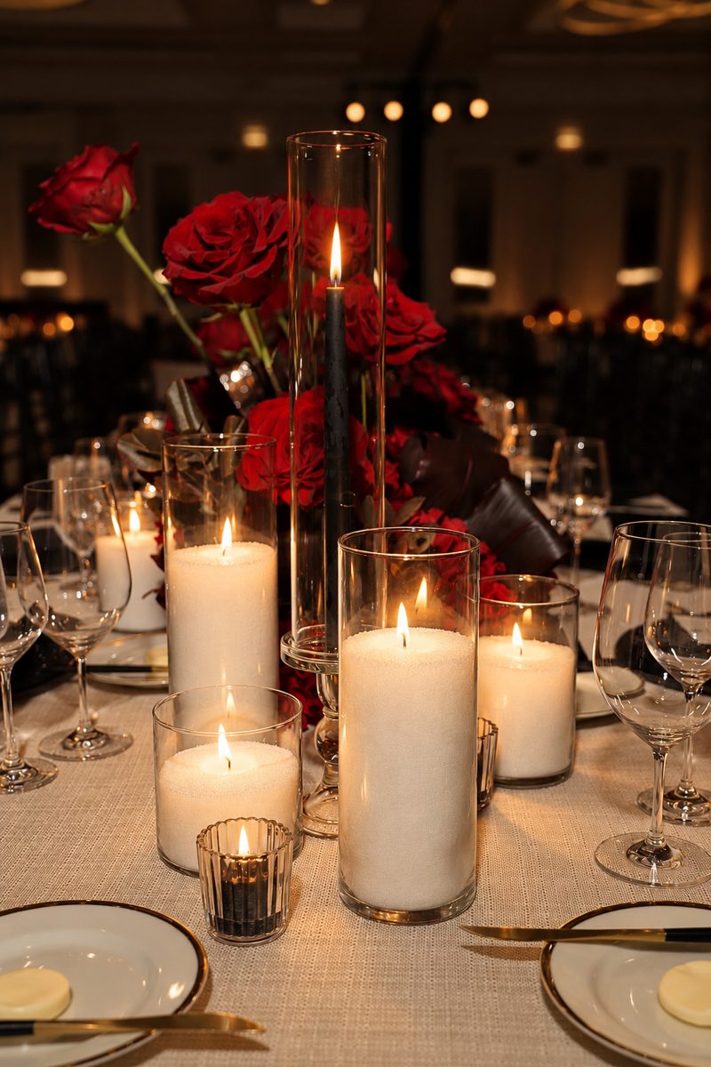 Pearled wax candles in layered glass cylinders, a tall taper and a small votive on a reception table