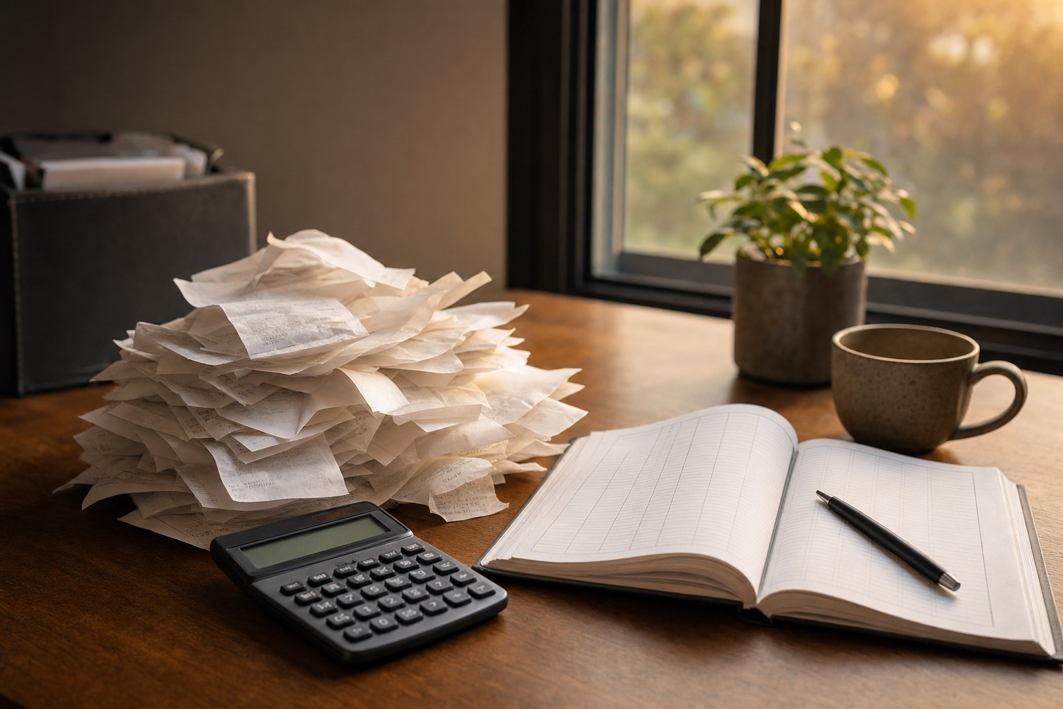 Bookkeeping resources on a walnut desk