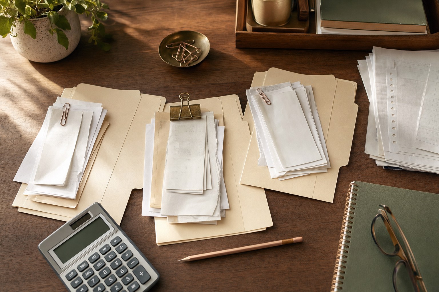 Sorted receipts and folders on a warm wood desk