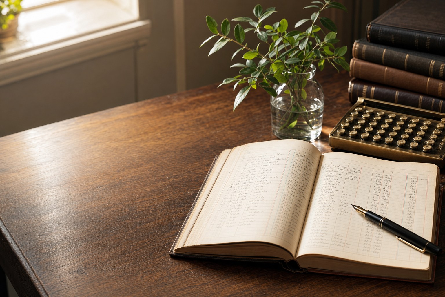 Open ledger, calculator, and fountain pen on a walnut desk