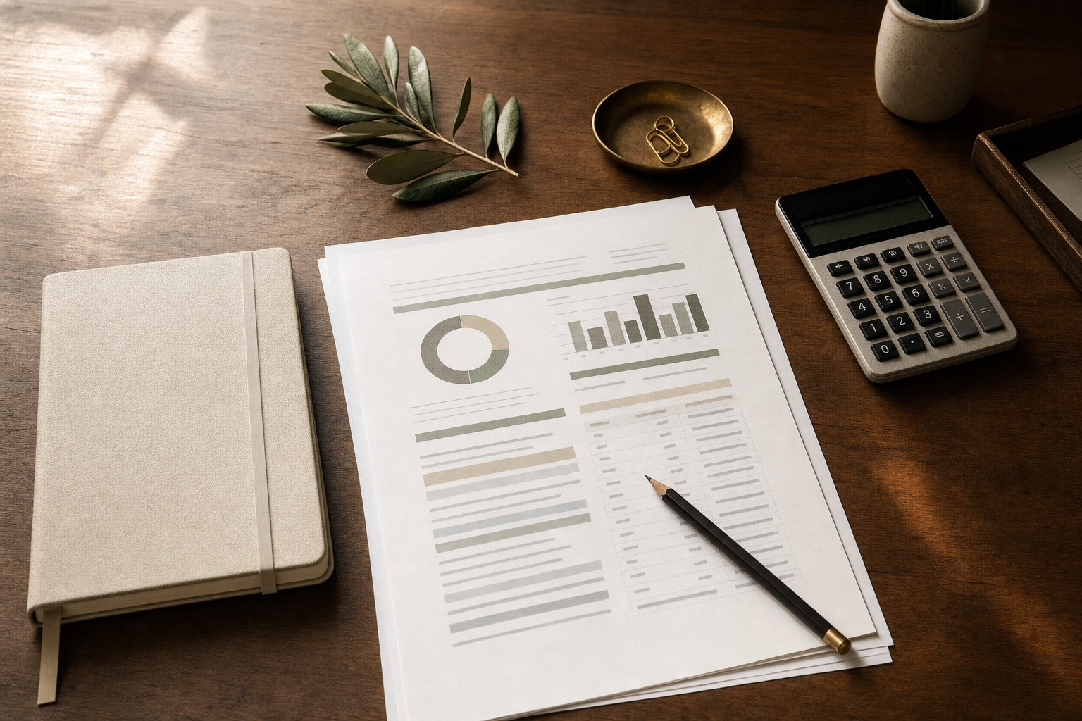 Organized monthly report, notebook, and calculator on a walnut desk