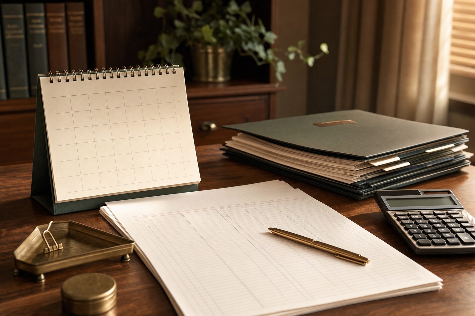 Bookkeeping resources on a walnut desk
