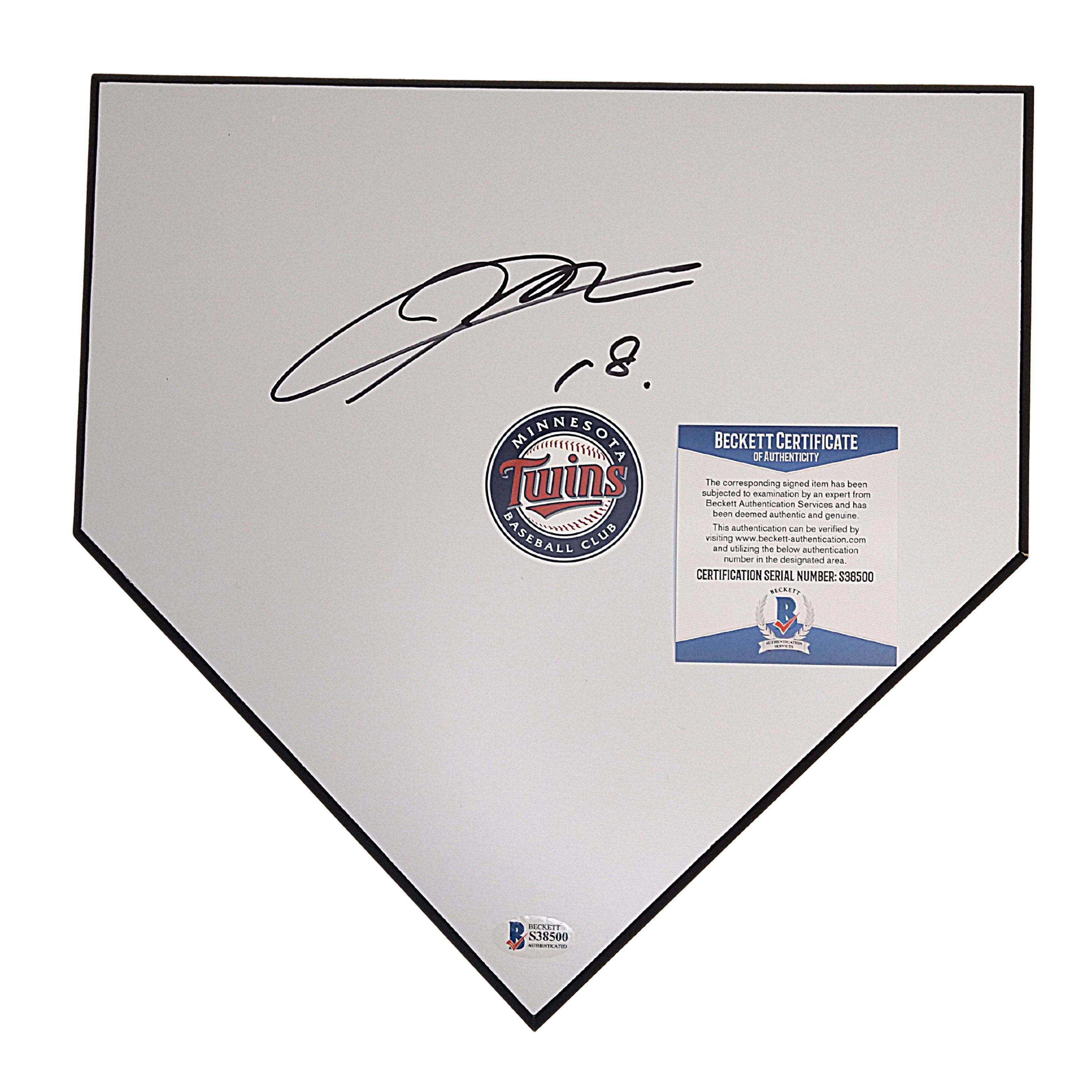 Autographed baseball home plate displayed with its Beckett authentication sticker