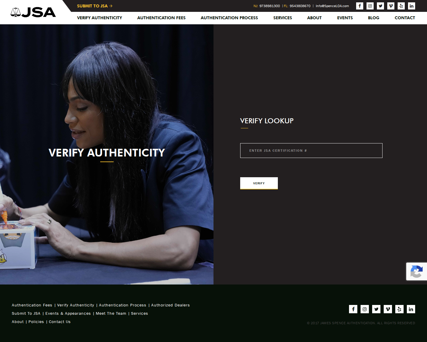 JSA's official Verify Authenticity page