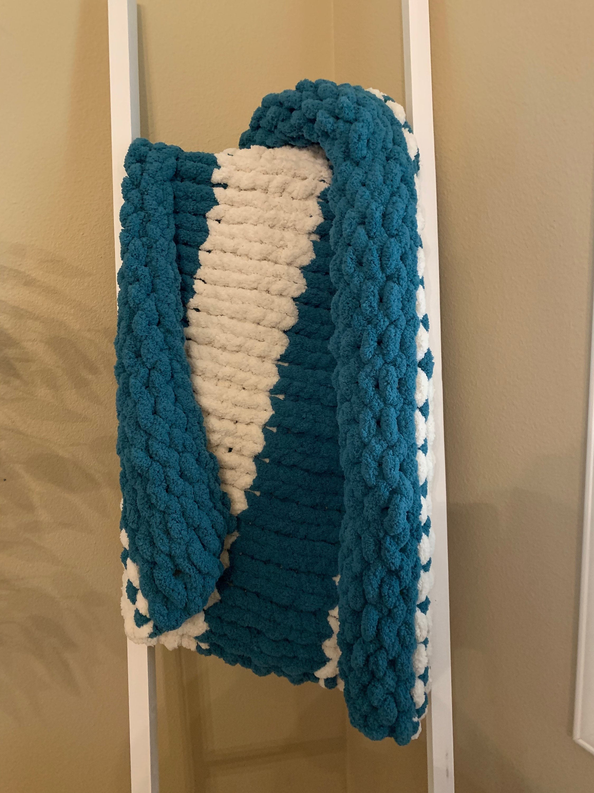 Teal and ivory handmade chunky knit blanket
