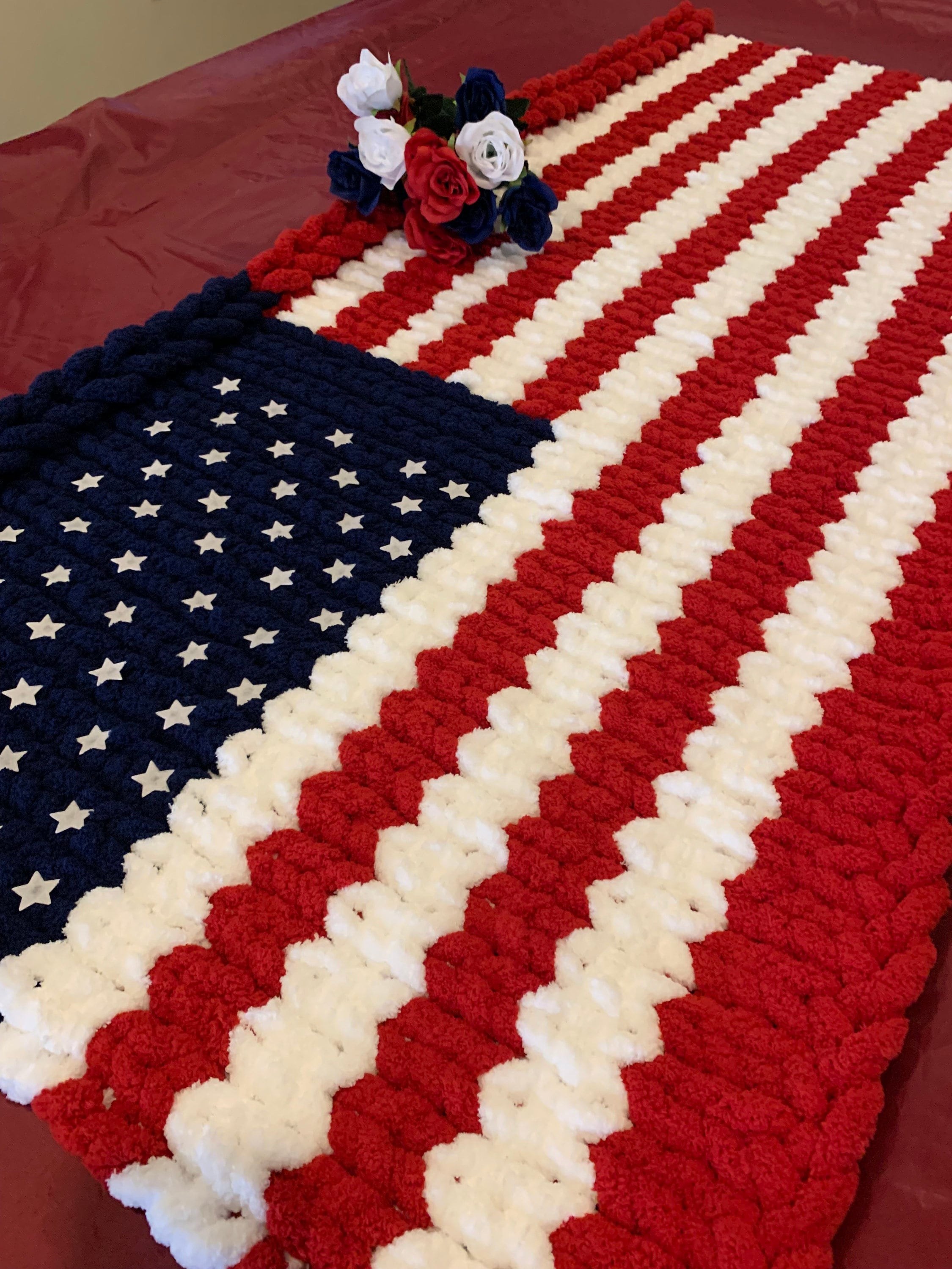 American Flag hand knitted chunky blanket