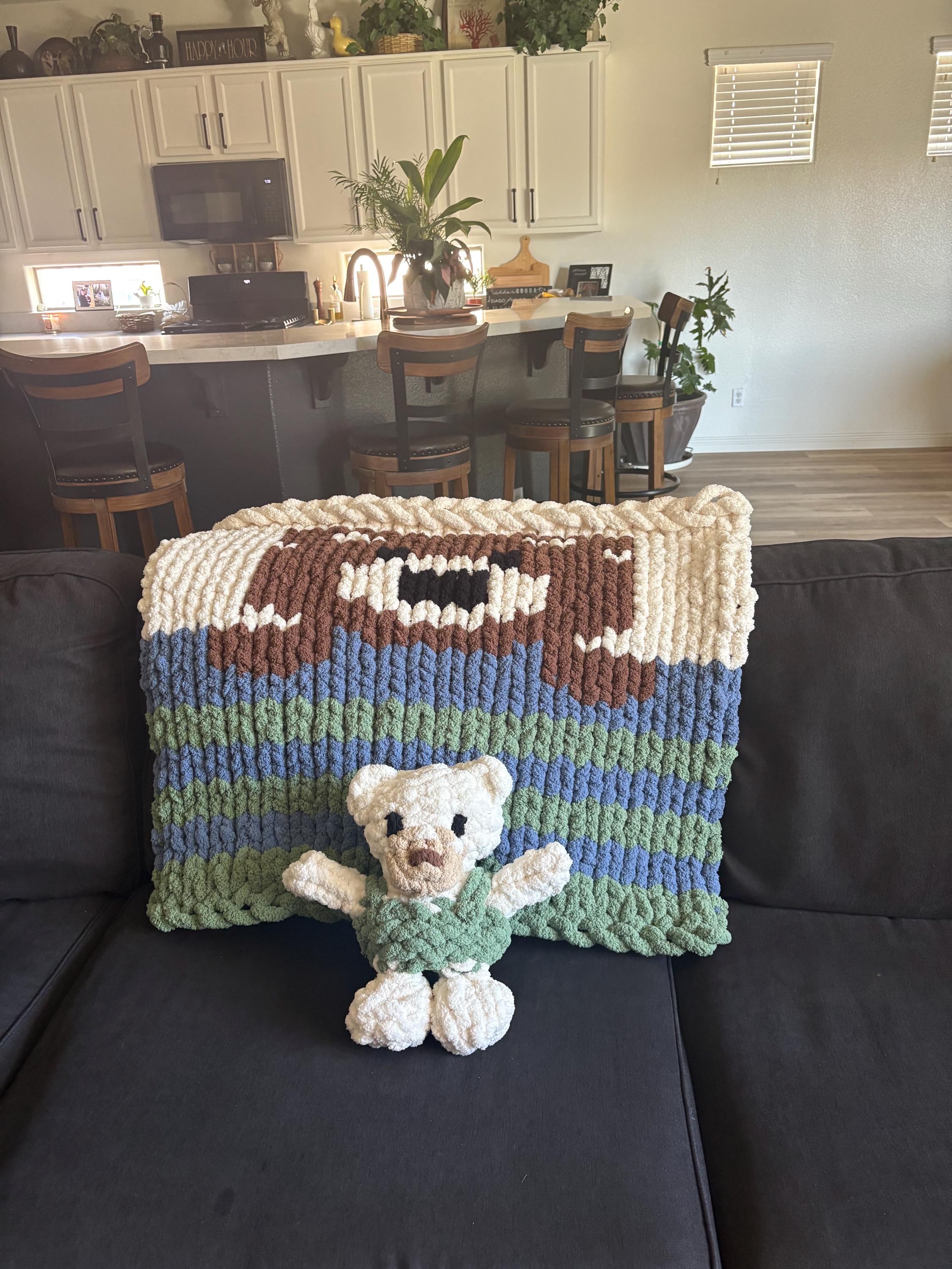 Baby Bear Nursery Decor Set: Chunky Knit Blanket & Plushie