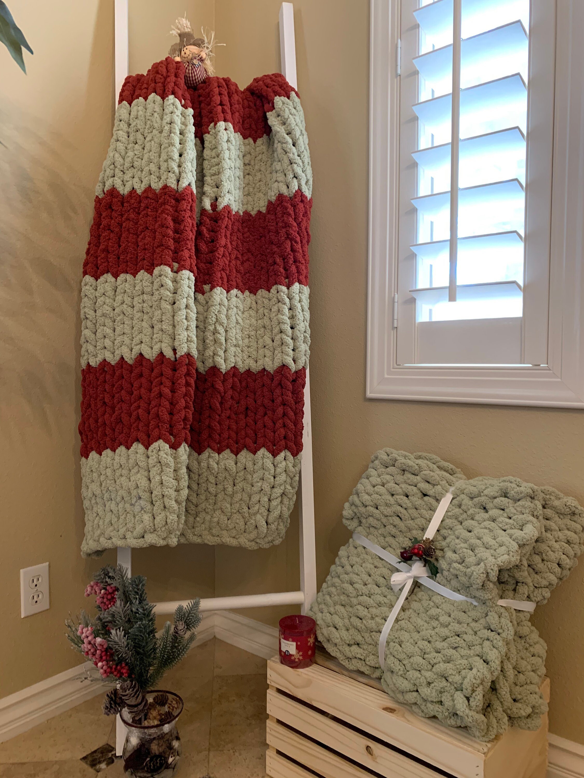 Cranberry and Sage handmade chunky knit blanket