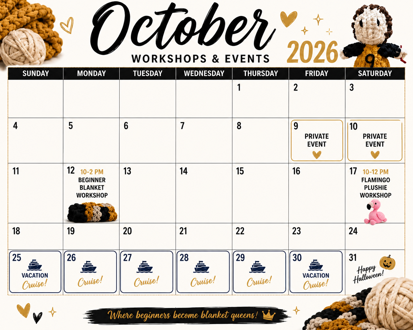 October 2026 Blanket Queen workshops and events calendar