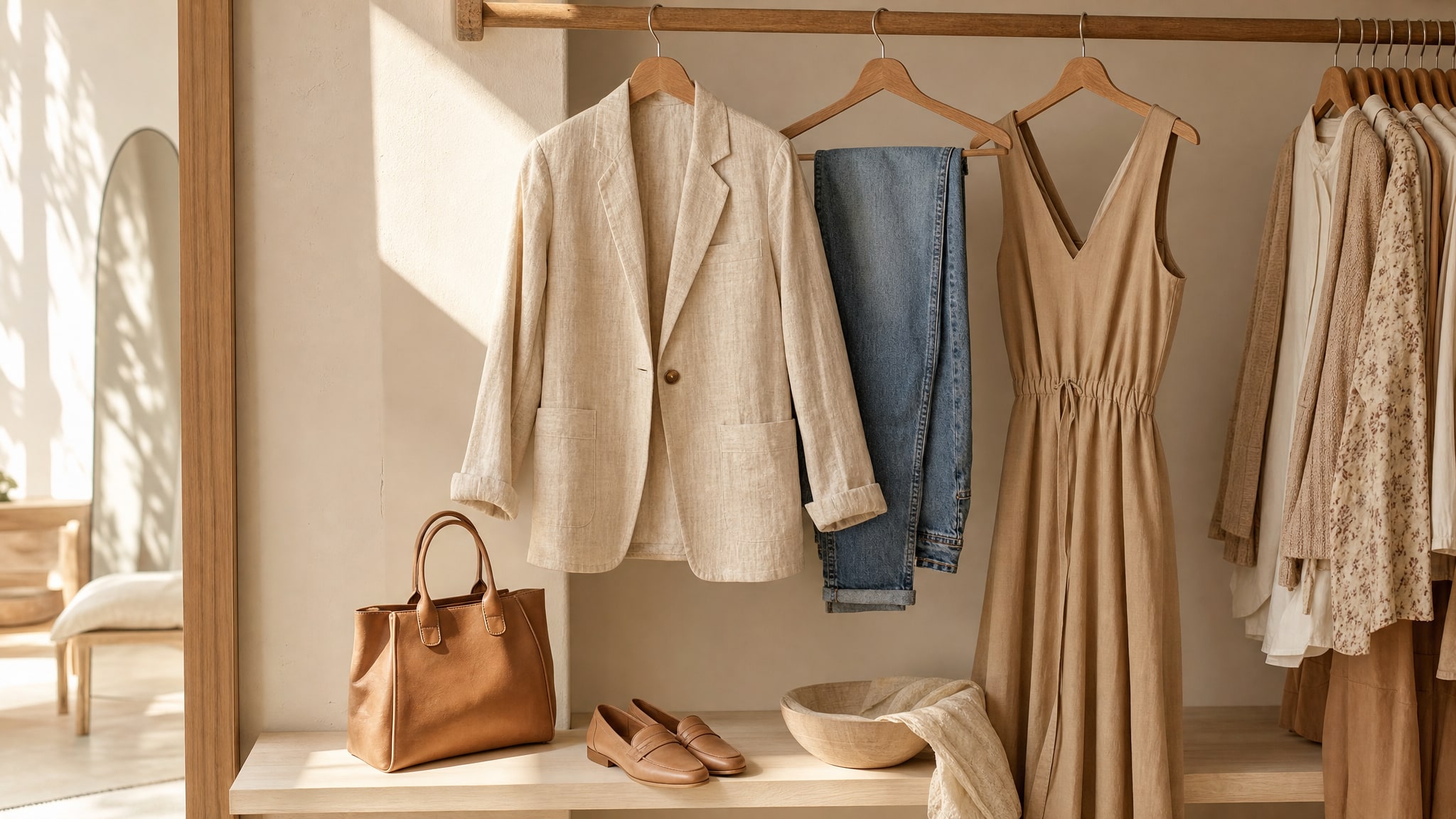 Neutral dresses, a linen blazer, denim, loafers, and a leather handbag arranged as a capsule wardrobe