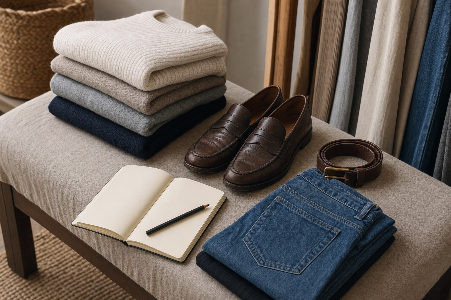 Folded knitwear, loafers, denim, and an open notebook arranged for capsule wardrobe planning