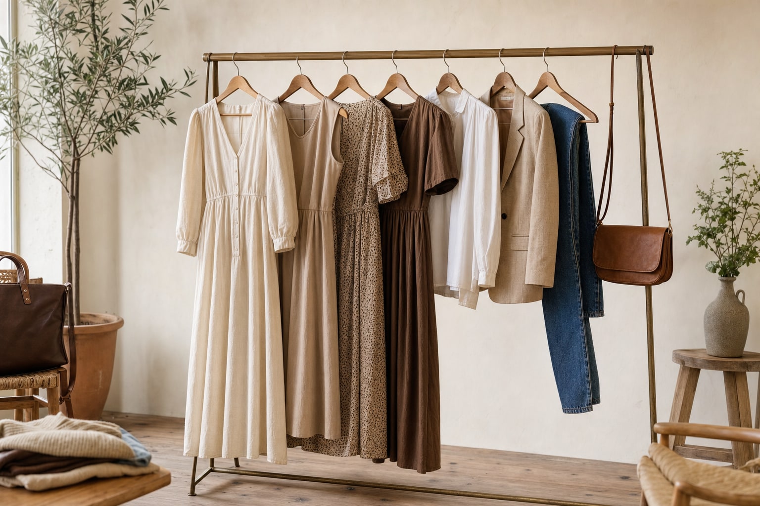 A curated rail of neutral dresses, a blouse, blazer, denim, and leather accessories