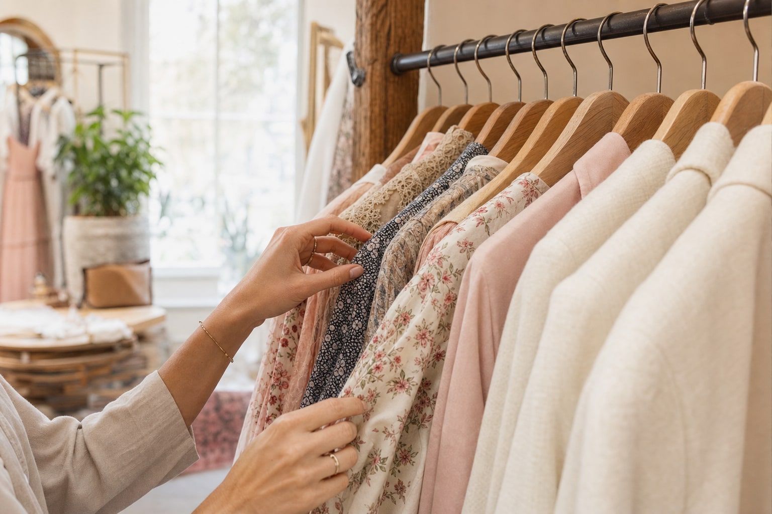Hands sorting clean clothing on a boutique rack