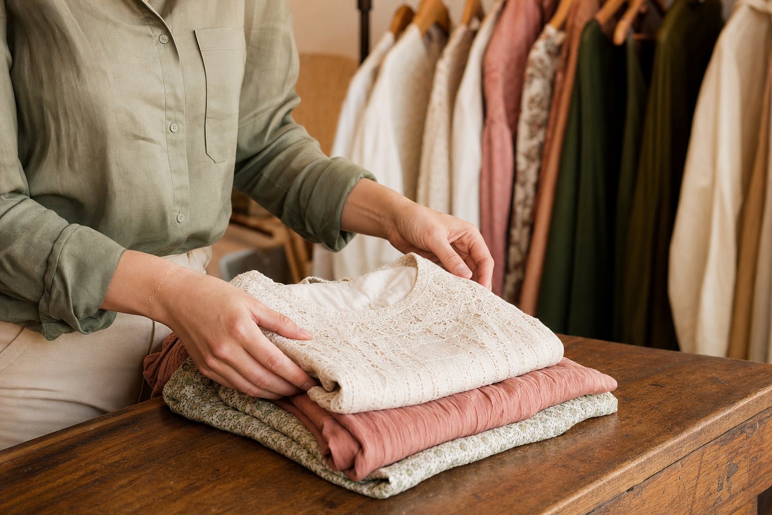 Carefully folded clothing being edited for consignment