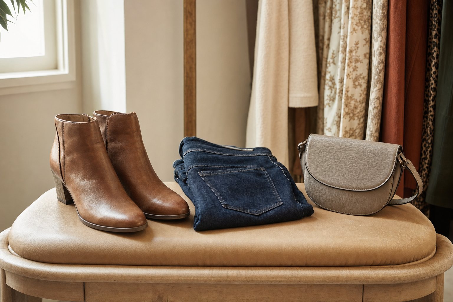 Clean leather boots, denim, and handbag ready for consignment