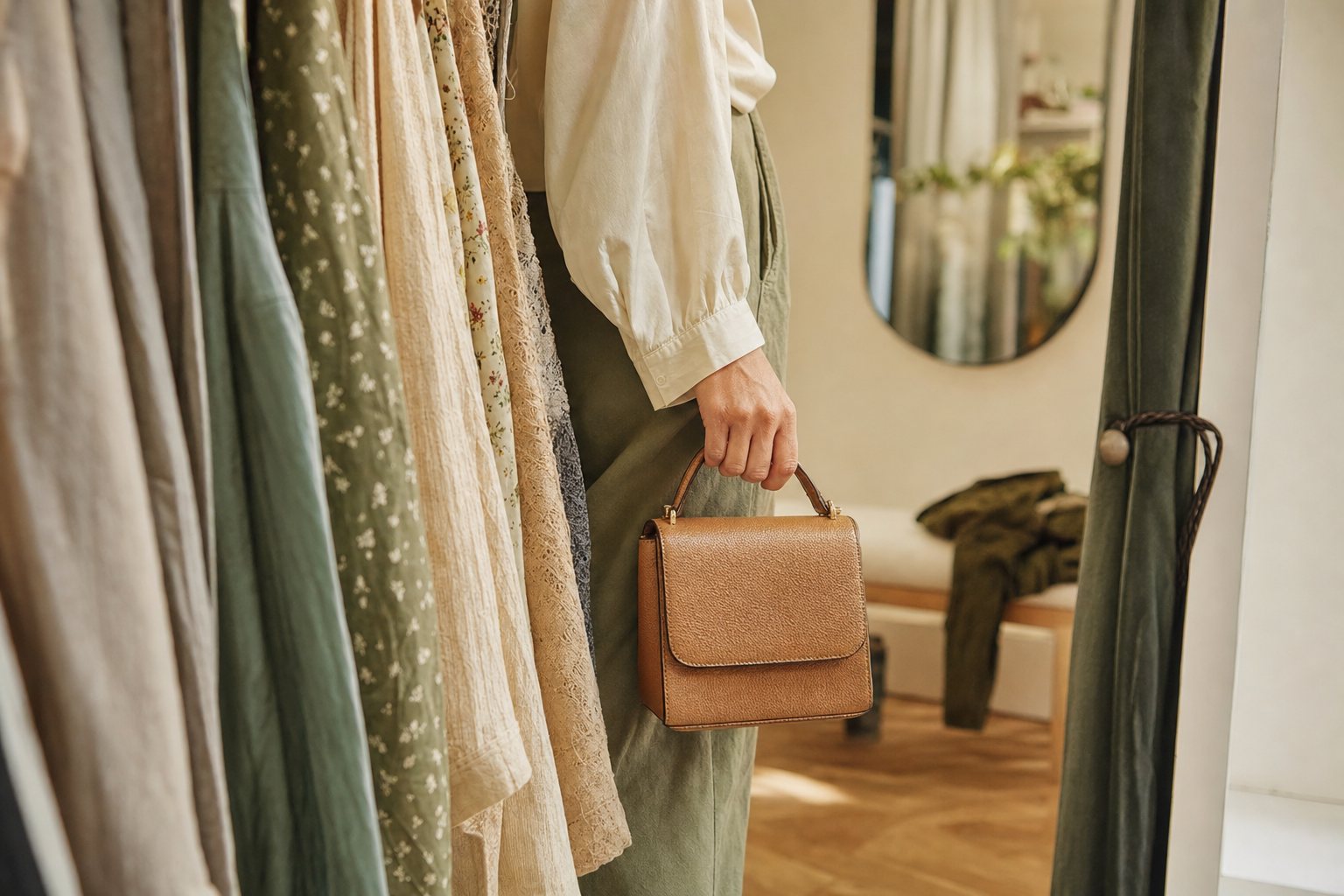 Shopper holding a leather handbag beside a boutique clothing rack
