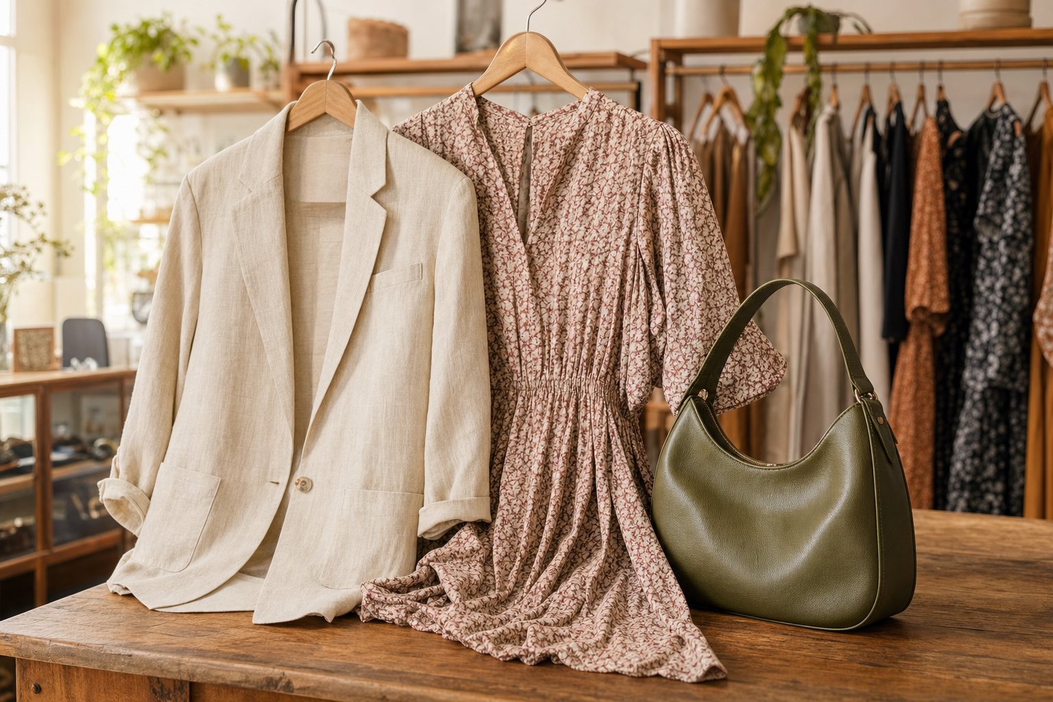 Linen blazer, floral dress, and handbag displayed in a boutique