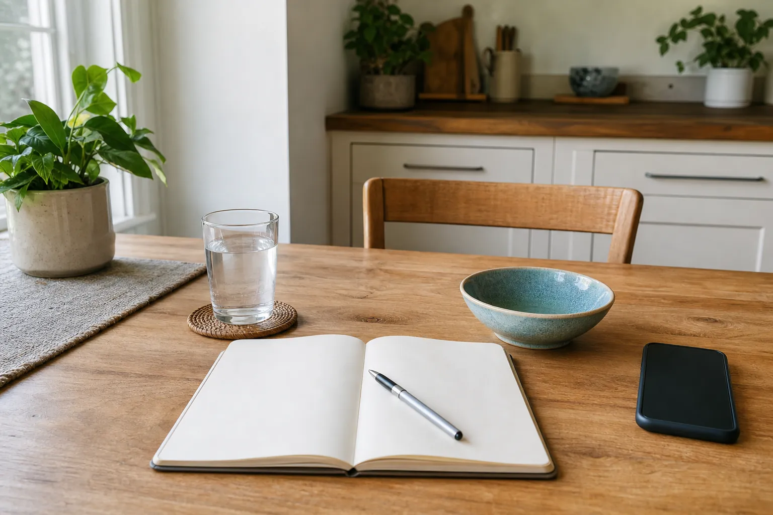 A glass of water, blank notebook, phone, and bowl on a kitchen table