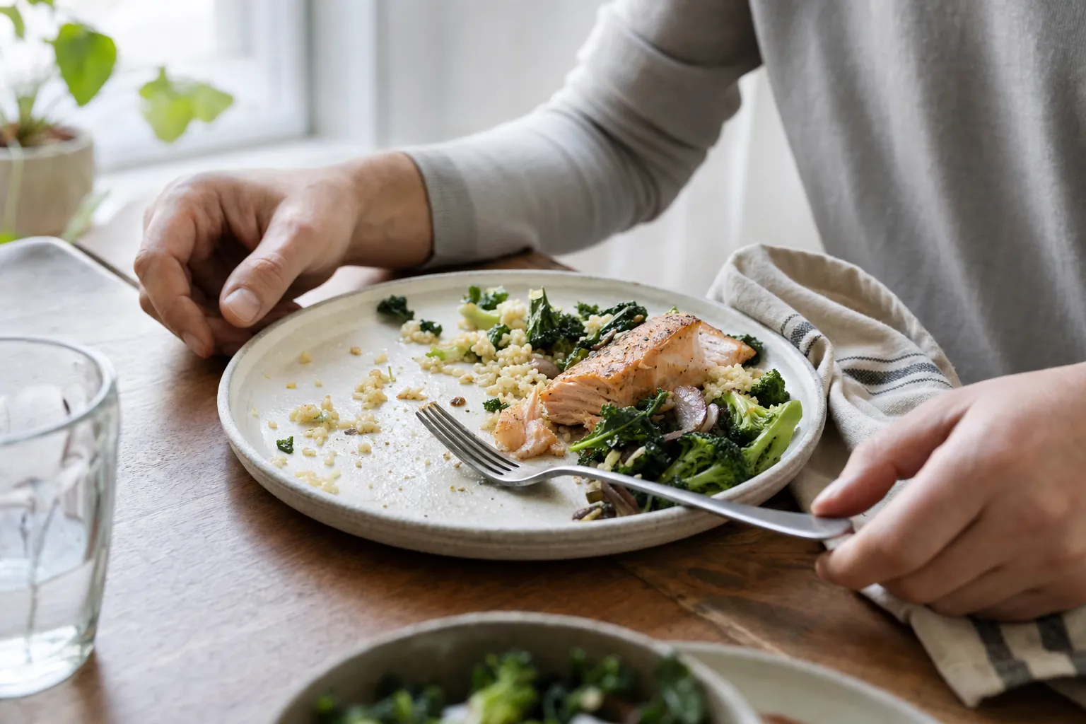 A person pausing over a meal at a dining table