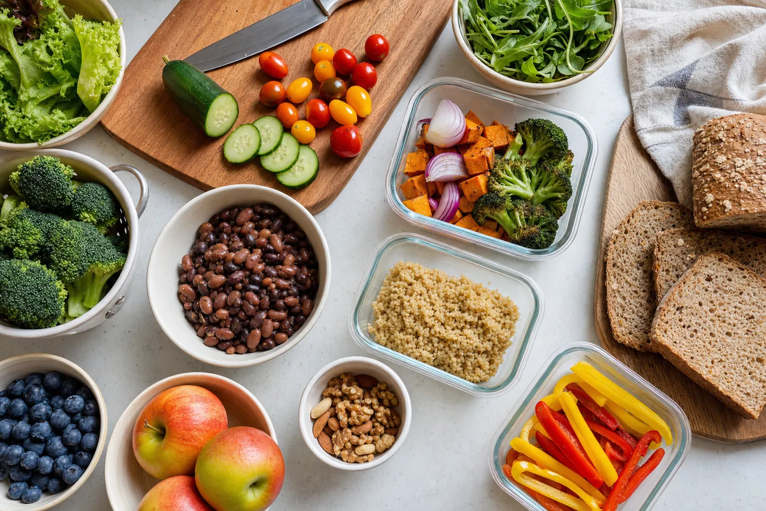 Simple meal-prep ingredients with vegetables, beans, whole-grain bread, and fruit