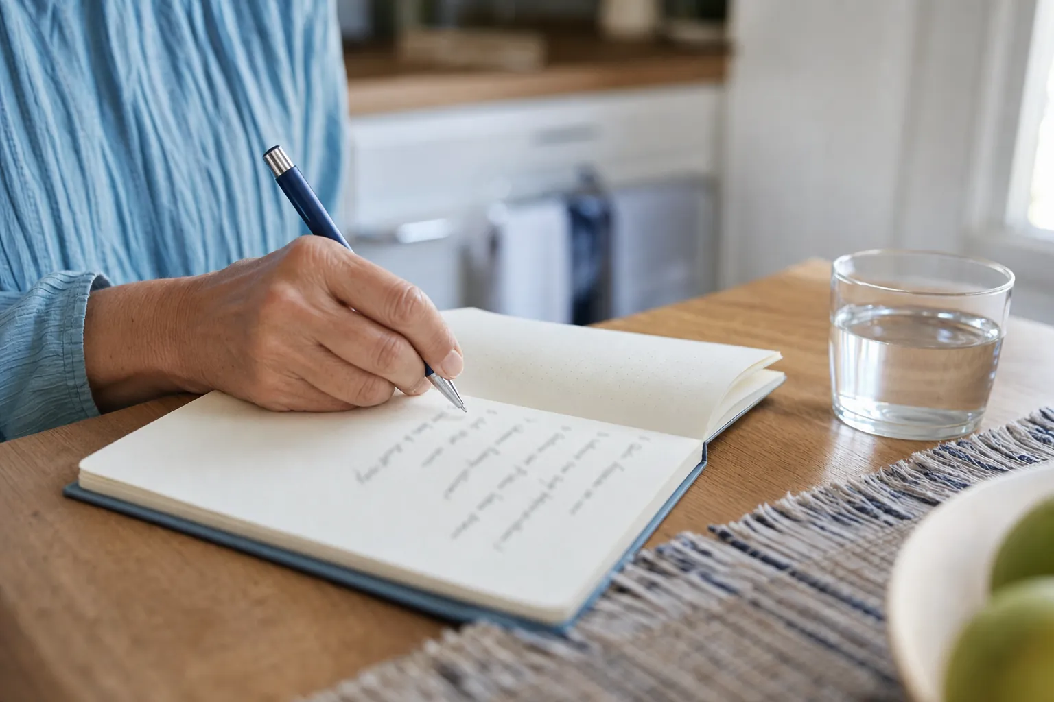 A person writing questions in a notebook beside a glass of water