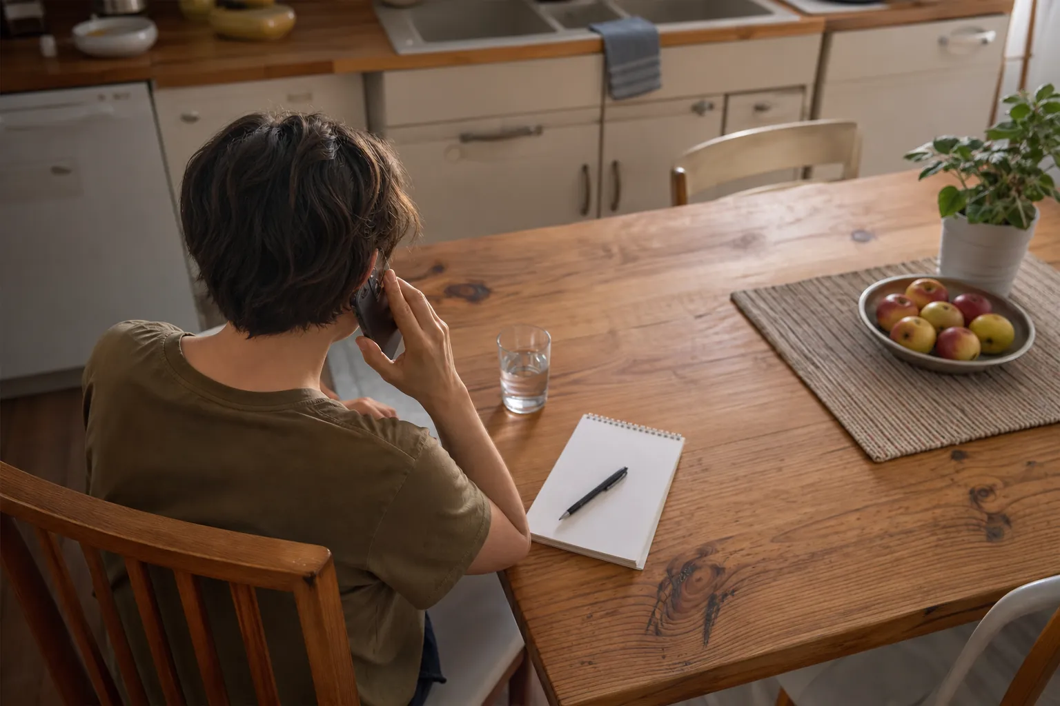 A person at a kitchen table making a phone call beside a glass of water and blank notepad