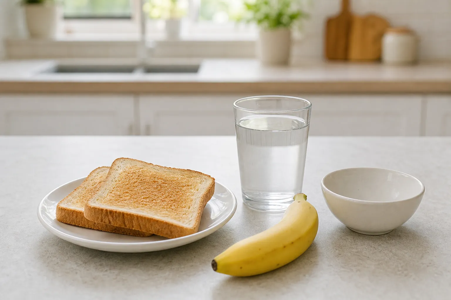 Plain toast, a banana, a glass of water, and a bowl on a kitchen counter
