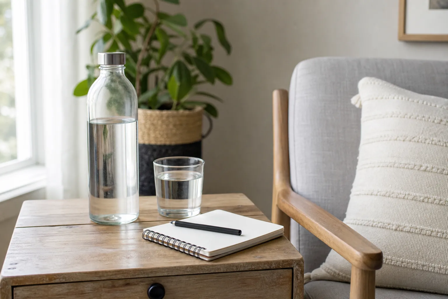 A water bottle, glass of water, and blank notebook beside a comfortable chair