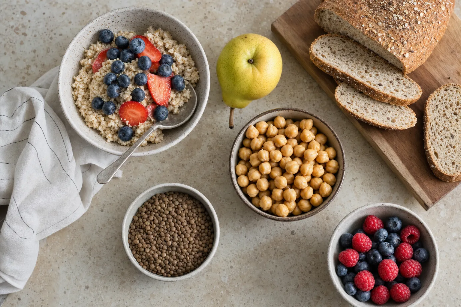 Oatmeal, berries, pears, chickpeas, lentils, and whole-grain bread on a kitchen counter