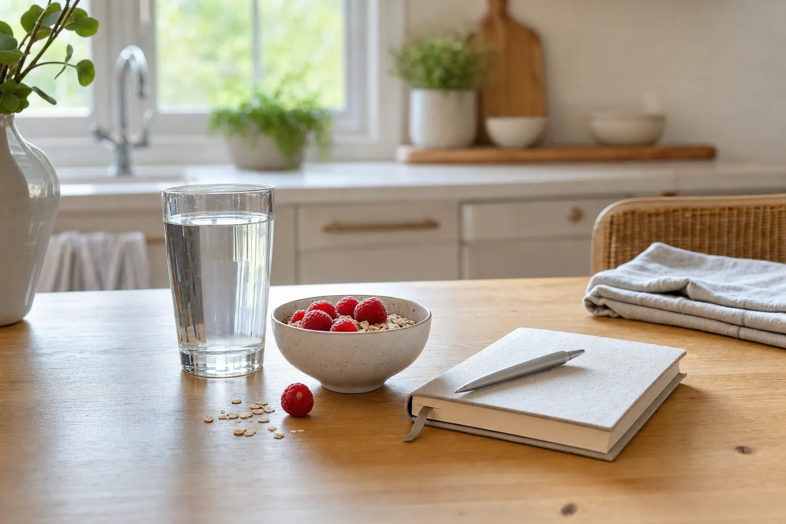 A glass of water, berries, oats, and a notebook on a sunlit kitchen table