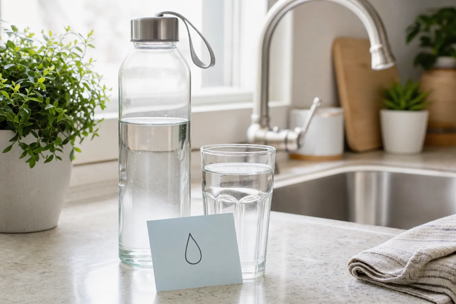 A reusable water bottle and glass of water beside a kitchen sink