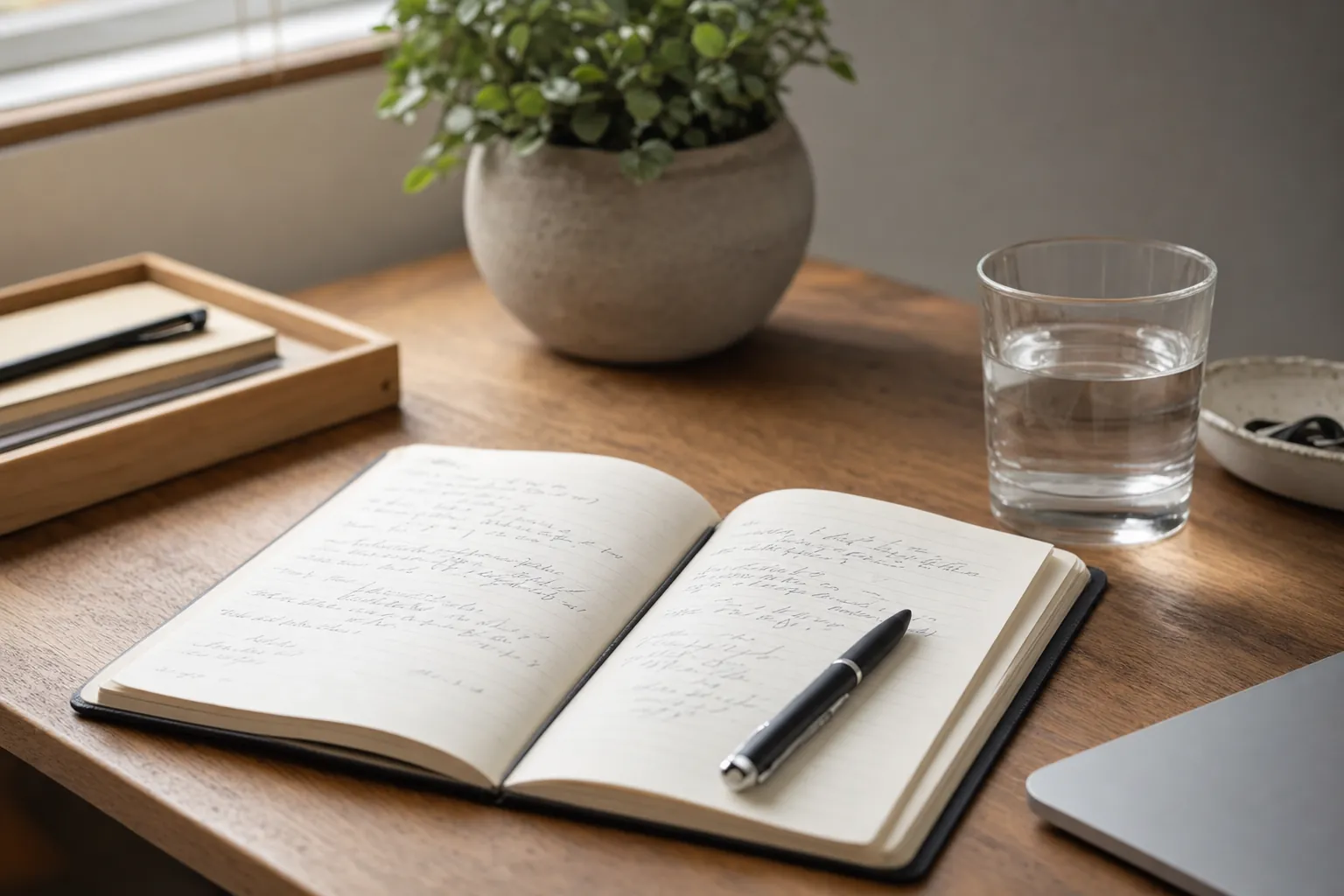 An open notebook and pen beside a glass of water on a desk