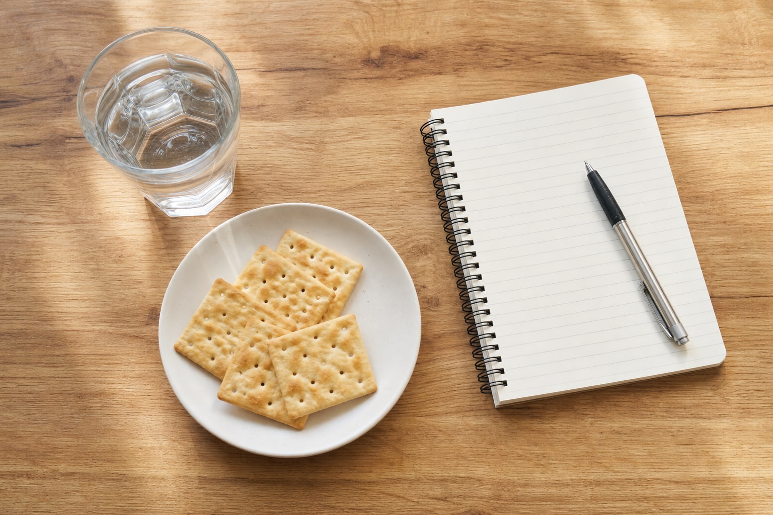 Water, a pale electrolyte drink, crackers, a phone, and a blank notebook on a kitchen table