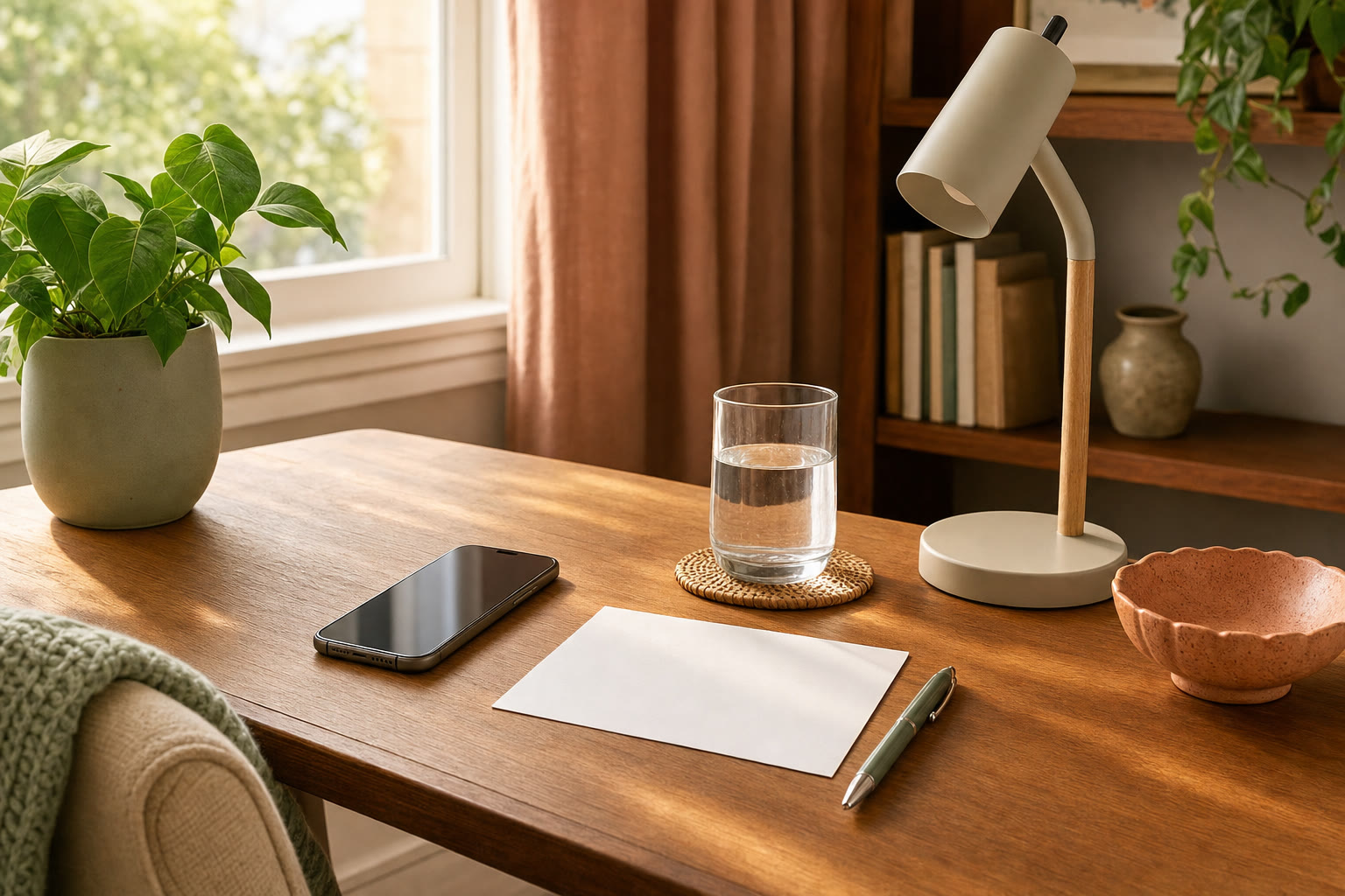 A phone, blank note card, water, pen, and lamp on a home table