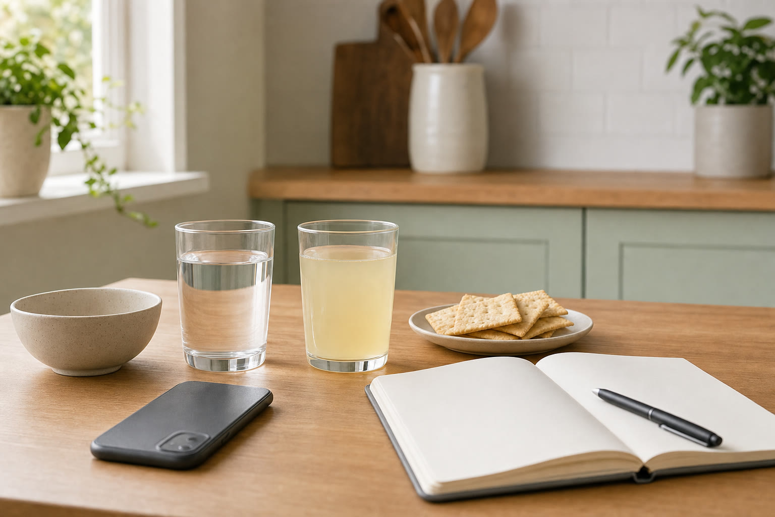 A glass of water, blank notebook, and bowl on a kitchen table