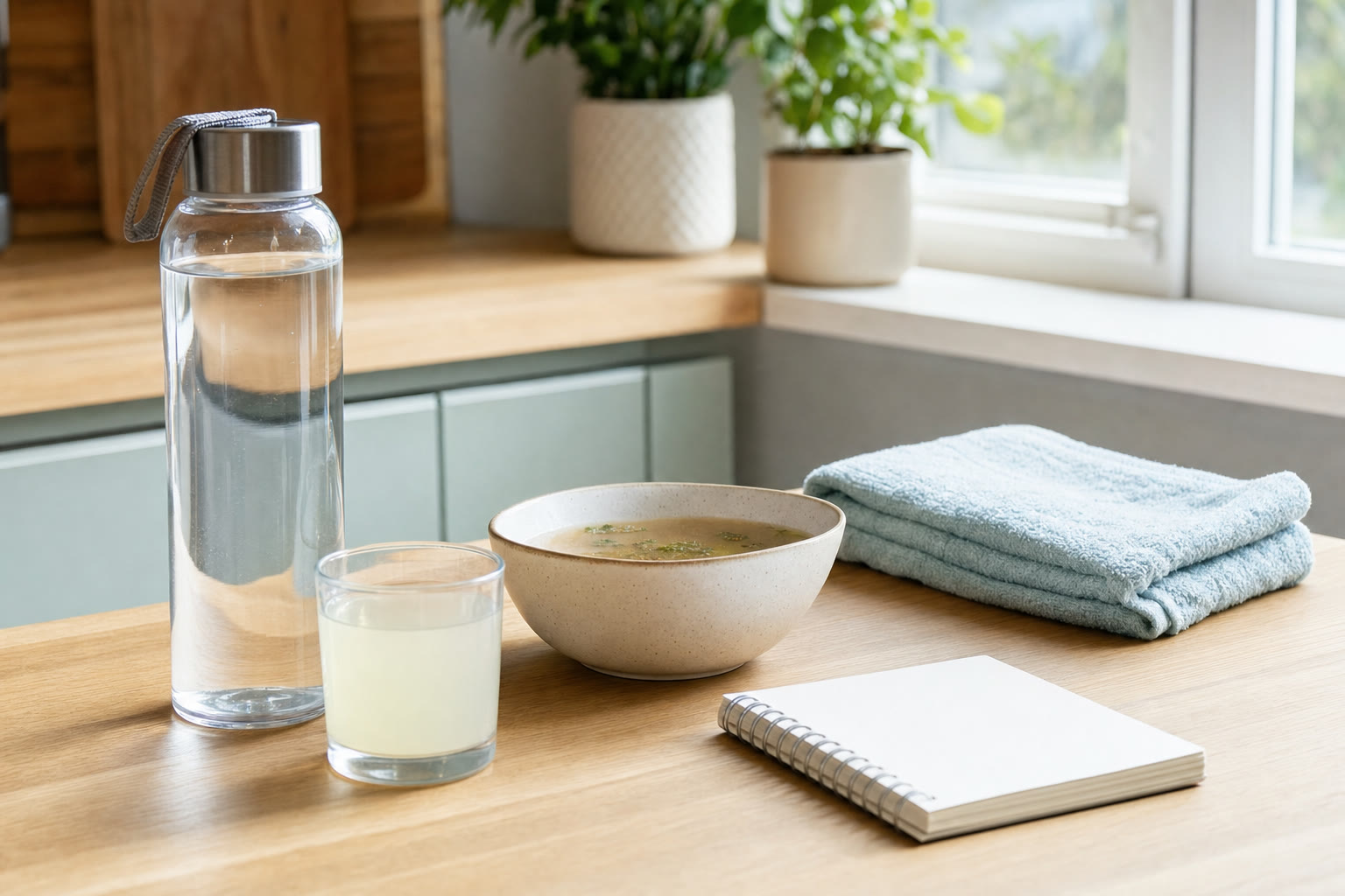 Water, a pale drink, broth, a towel, and a notebook on a kitchen counter