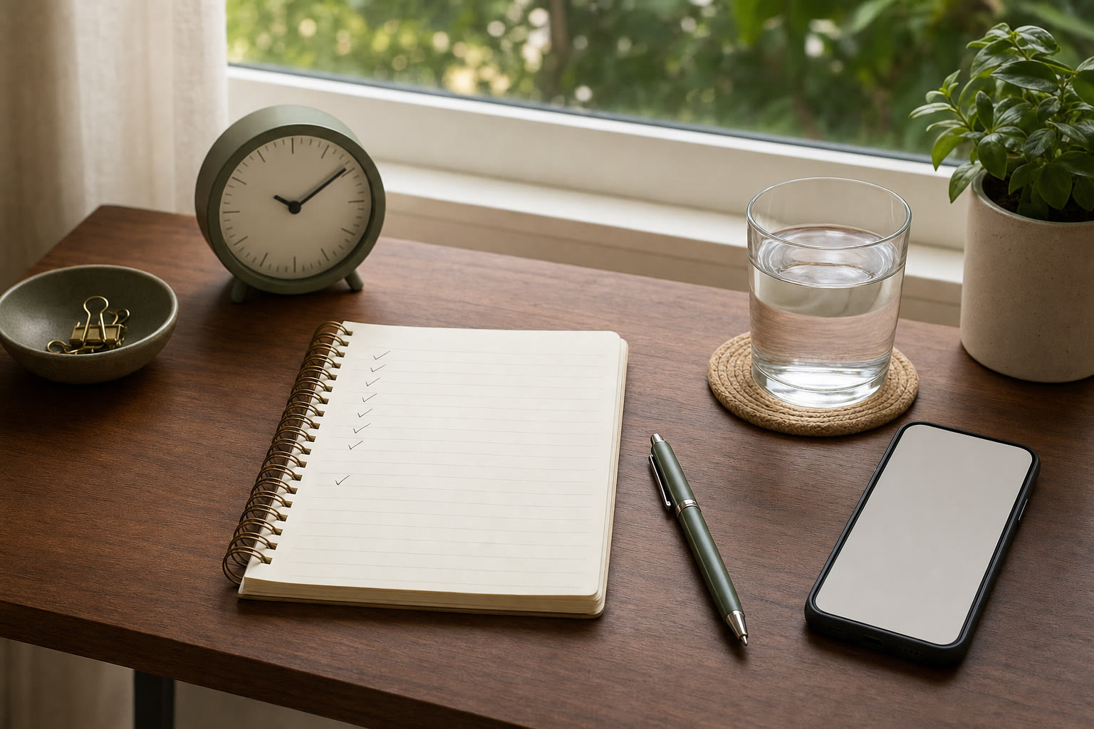 A blank notebook, clock, water, pen, and phone on a desk beside a window