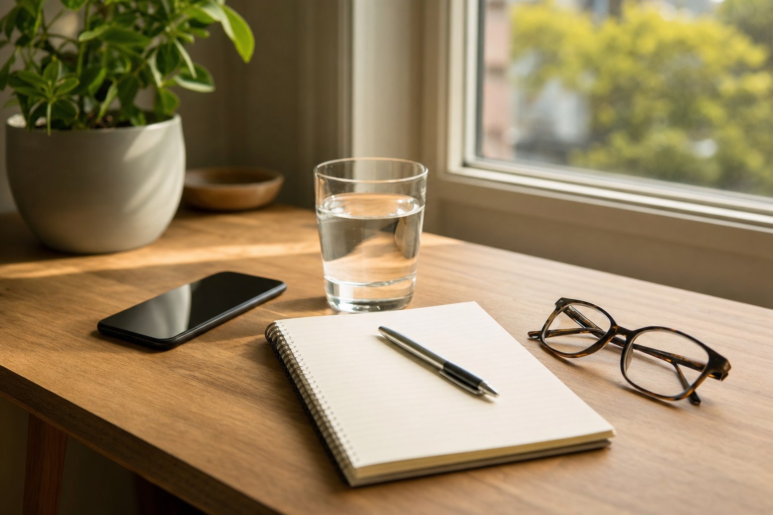 A phone, notebook, water glass, pen, and reading glasses on a home desk