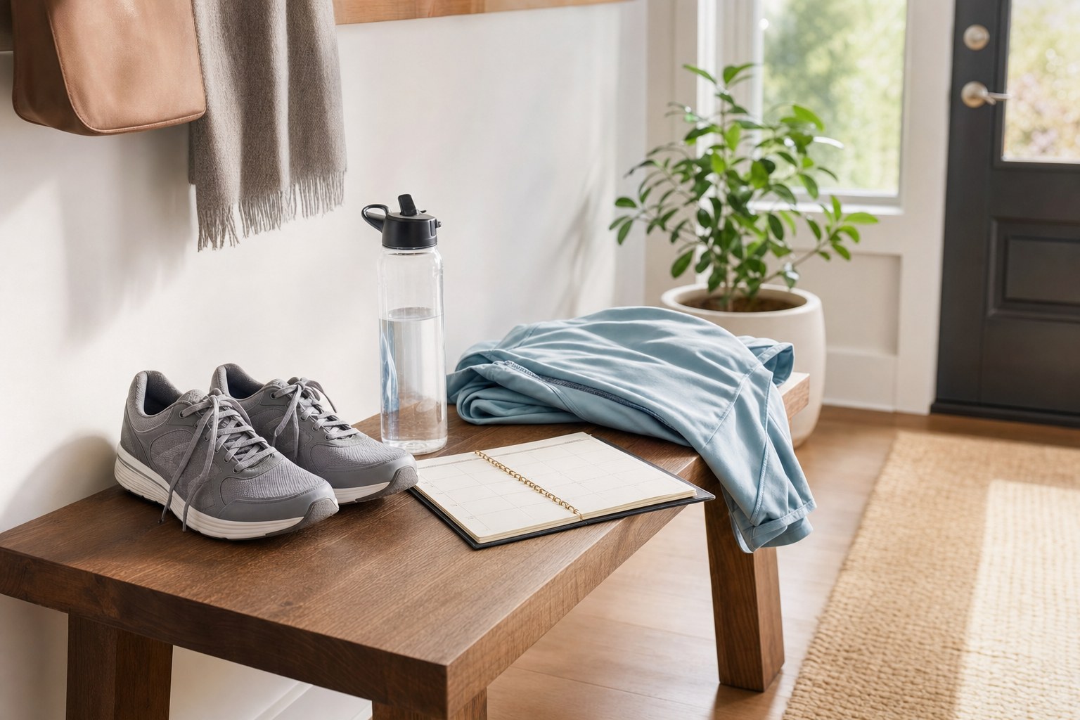 Walking shoes, a water bottle, a light jacket, and a weekly planner by a home entryway