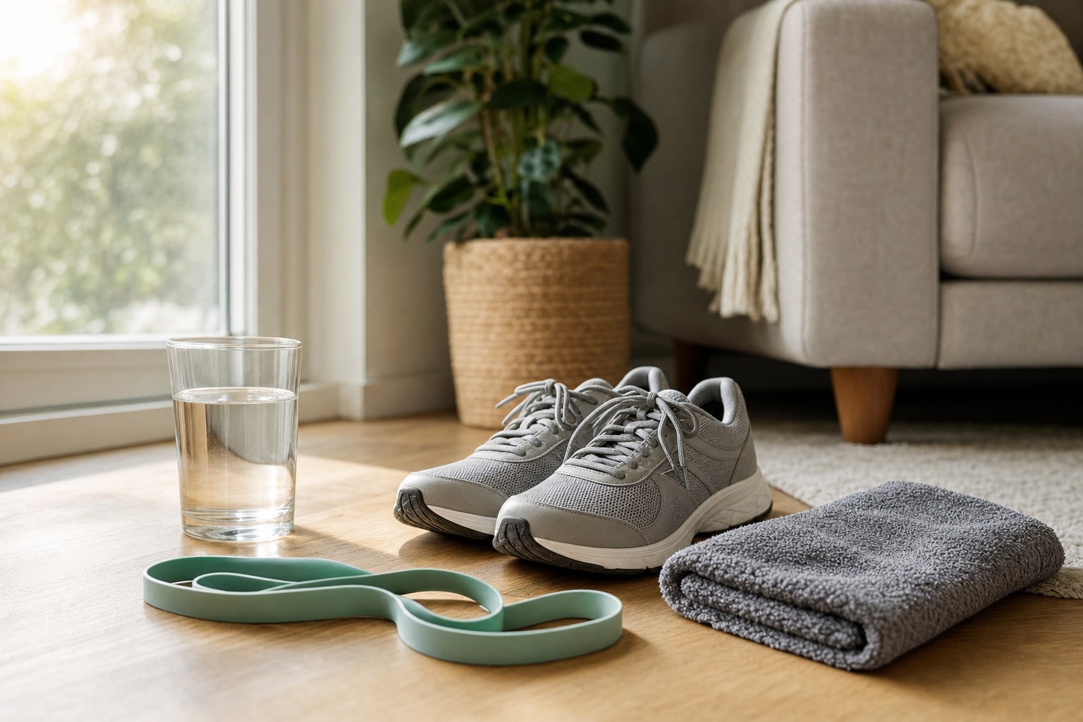Walking shoes, a resistance band, a towel, and a water glass on a home floor
