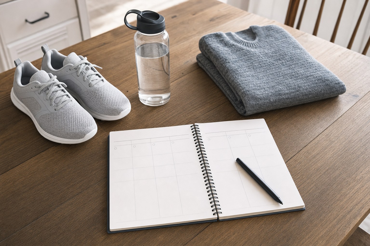 A blank weekly planner, walking shoes, water bottle, and folded sweater on a table