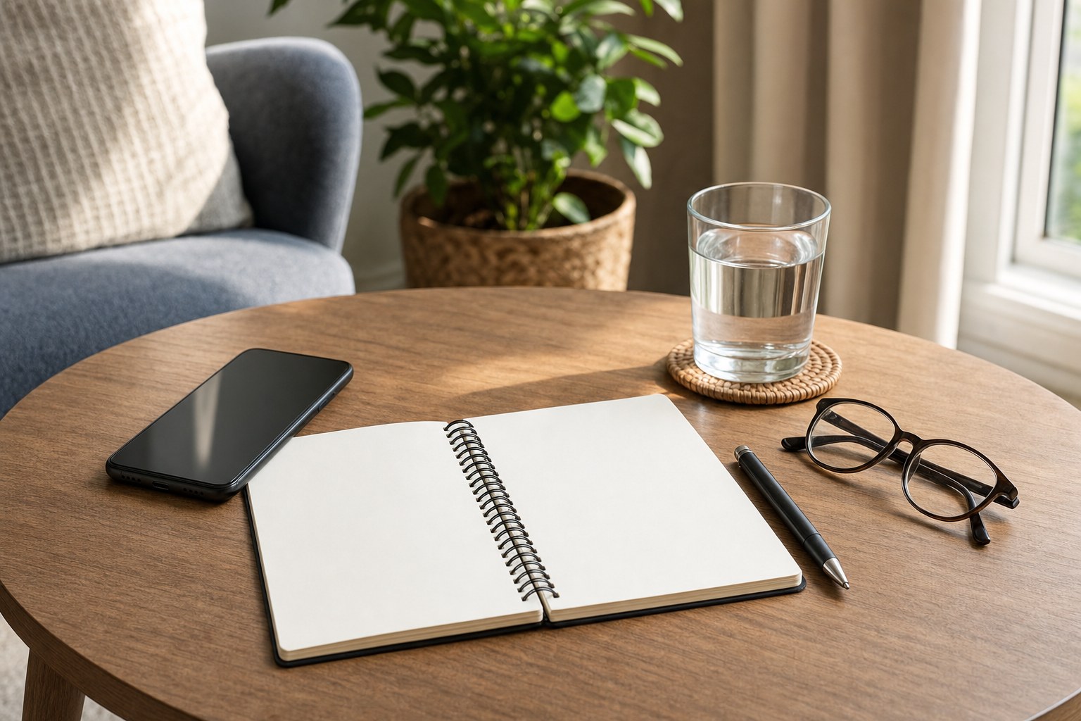 A phone, blank notebook, water glass, pen, and reading glasses on a table