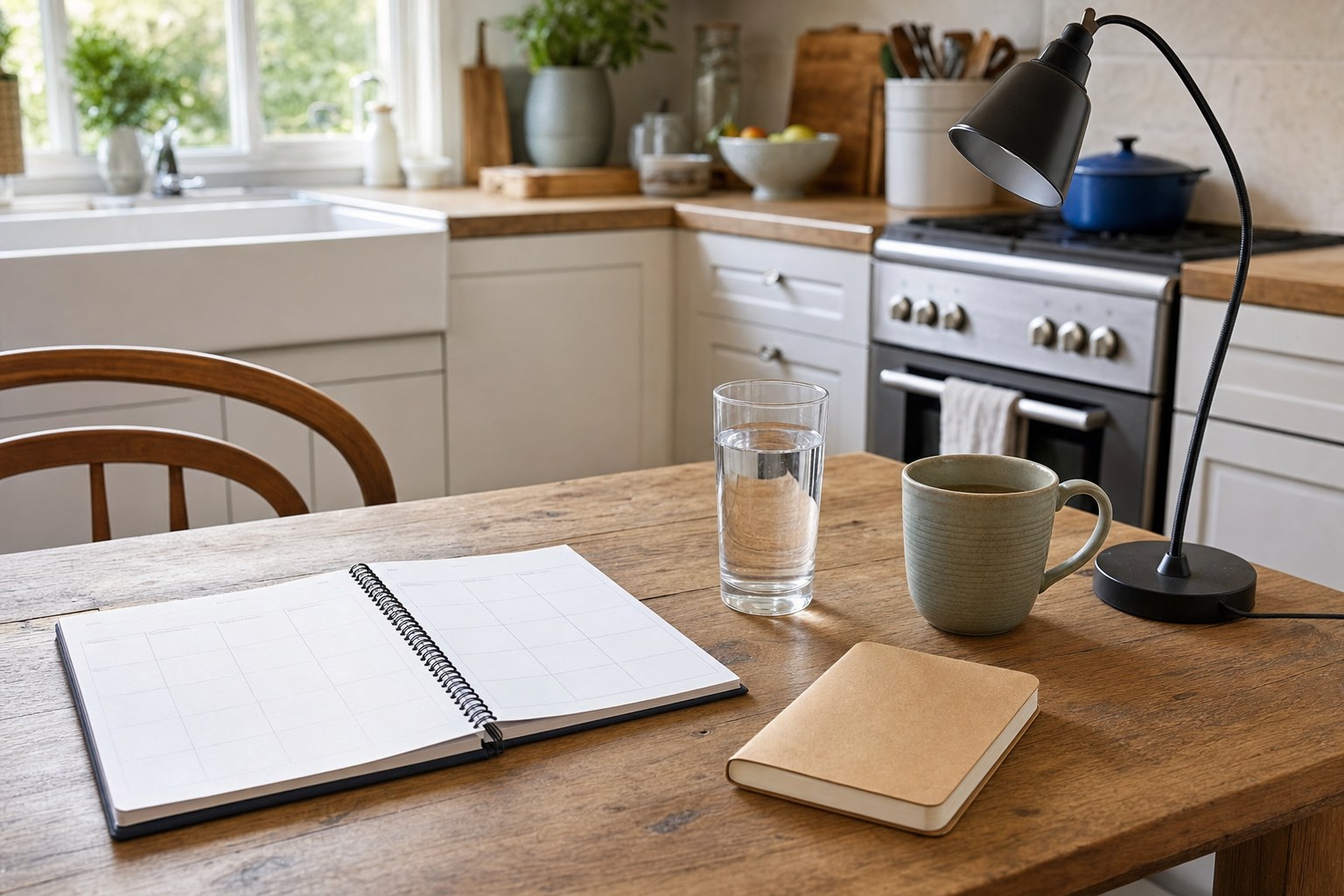 A weekly planner, water glass, mug, and notebook on a kitchen table