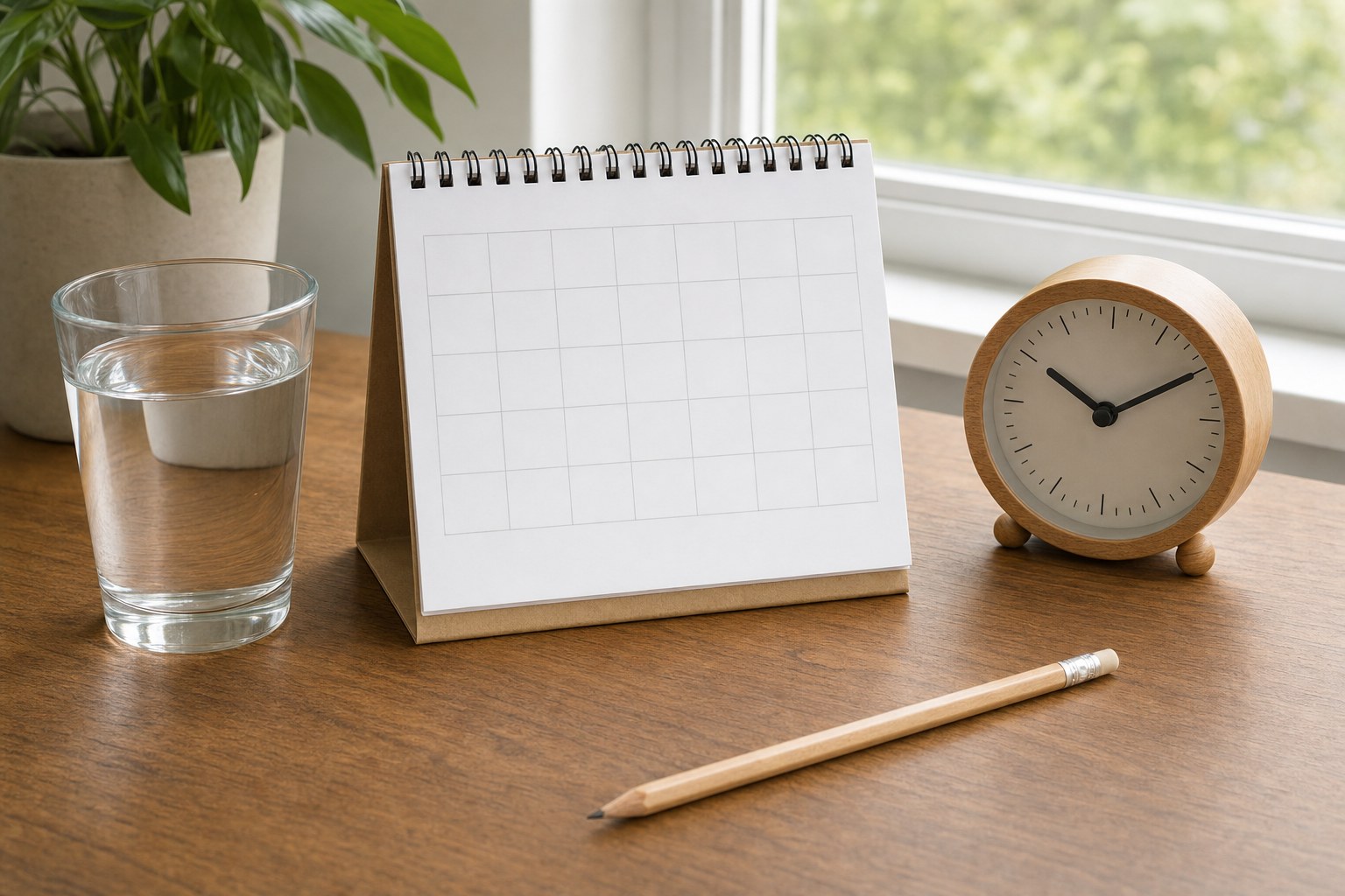 A blank calendar, water glass, pencil, and analog clock on a desk