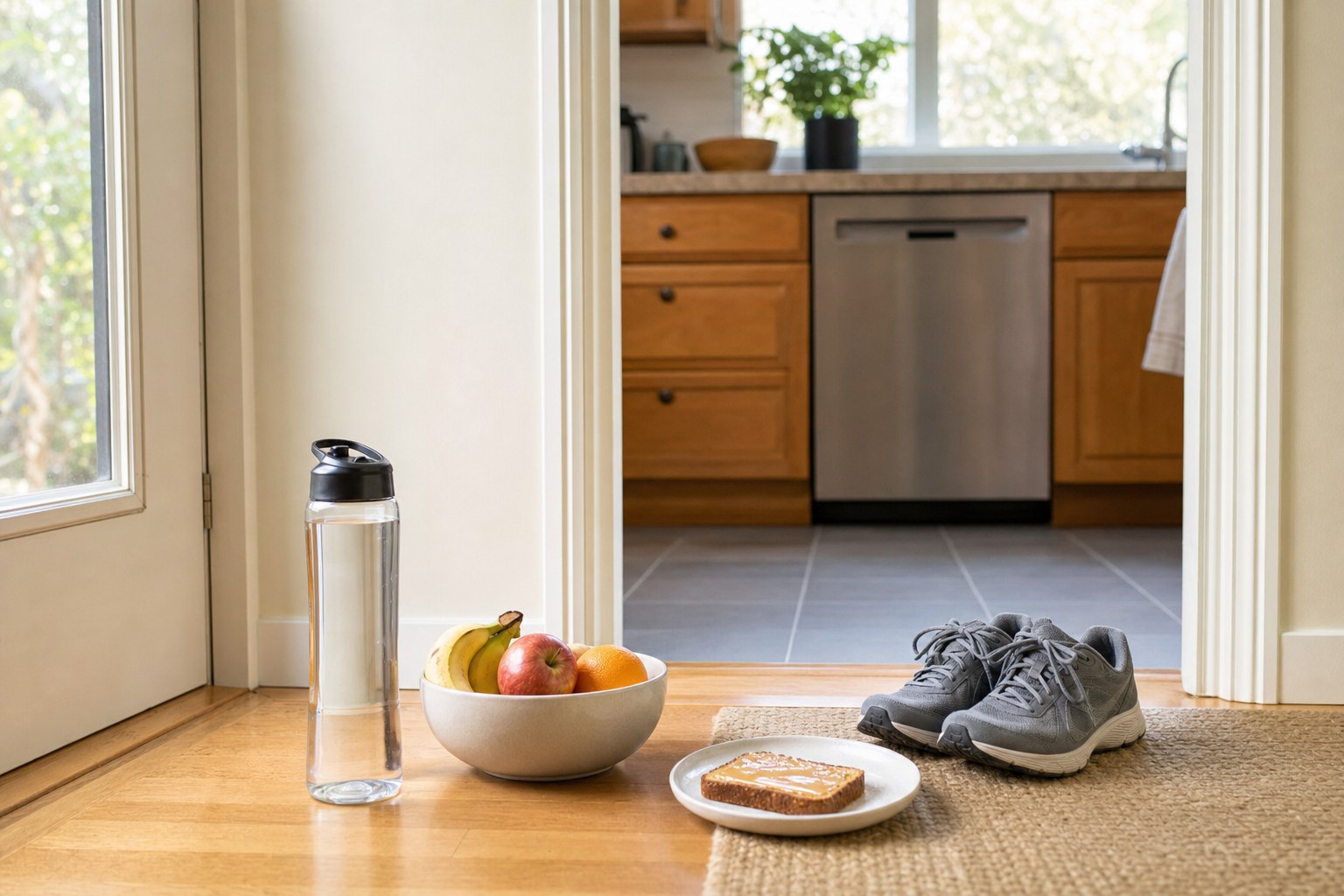 A water bottle, fruit, toast, and walking shoes near a kitchen doorway